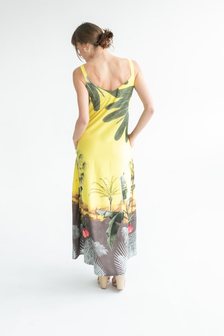 Phoebe Dress Yellow Palm Print-DRESSES-kindacollection-Kinda