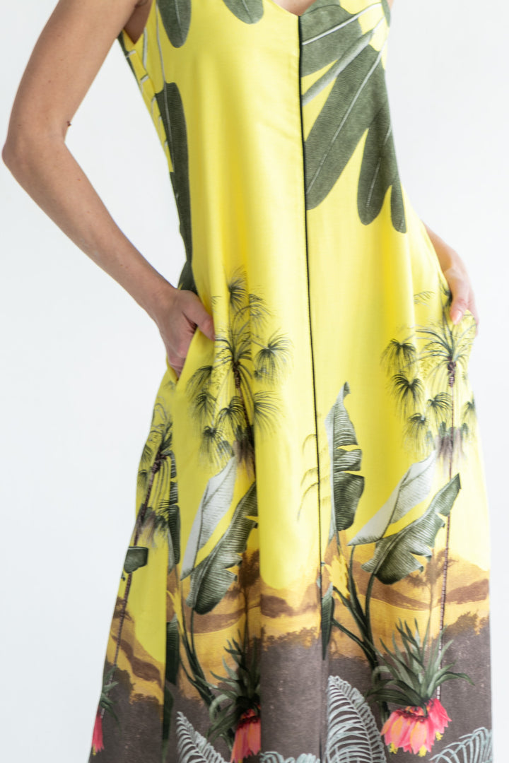 Phoebe Dress Yellow Palm Print-DRESSES-kindacollection-Kinda