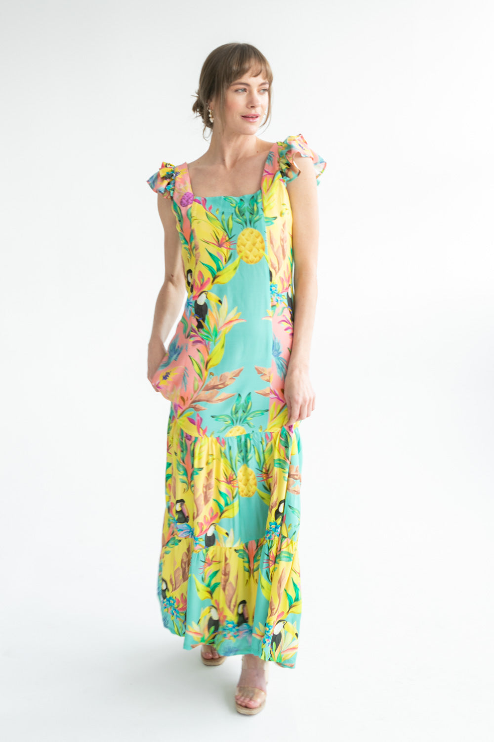 Lola Flutter Sleeve Dress Blue Toucan Print-DRESSES-kindacollection-Kinda