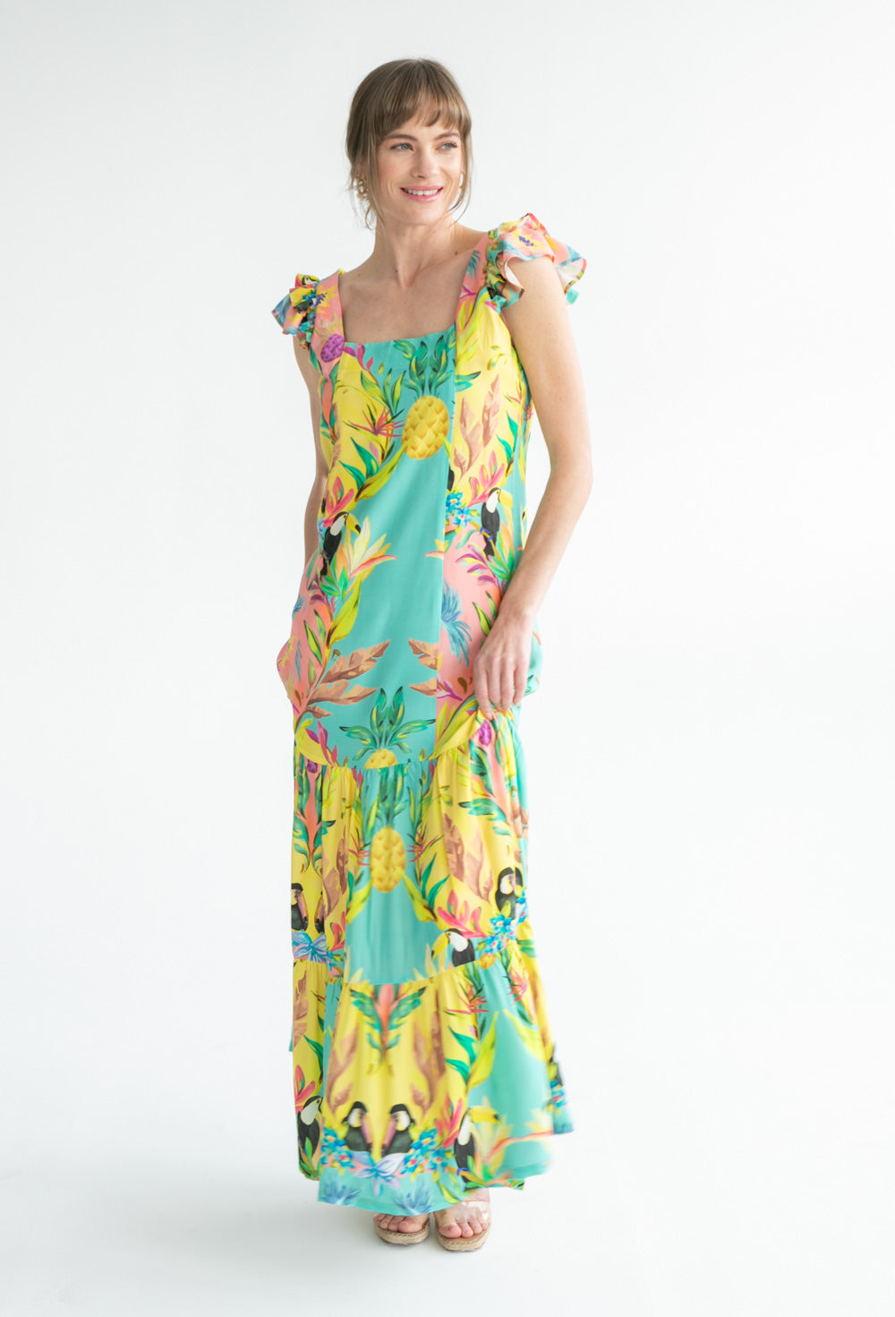 Lola Flutter Sleeve Dress Blue Toucan Print-DRESSES-kindacollection-Kinda