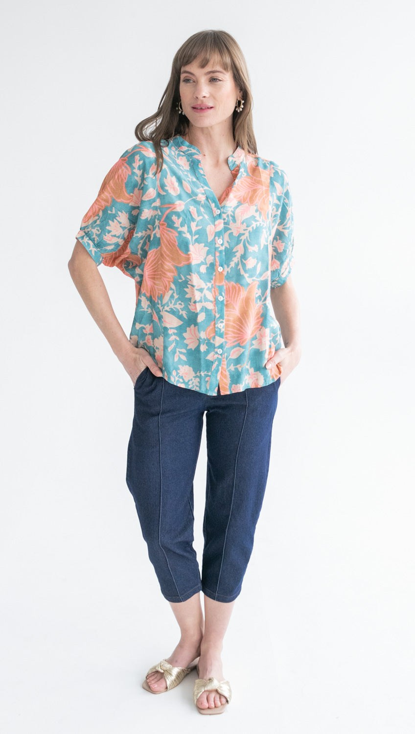 Gabi Blouse Blue & Pink Flower-TOPS-kindacollection-Kinda