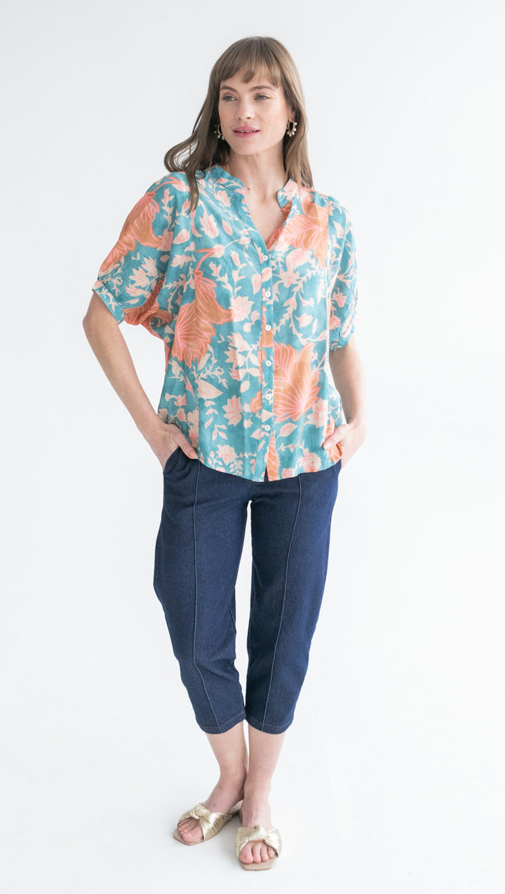 Gabi Blouse Blue & Pink Flower-TOPS-kindacollection-Kinda