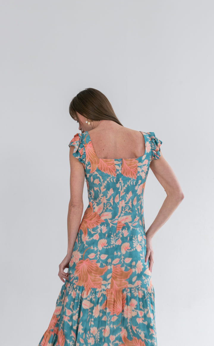 Lola Flutter Sleeve Dress Blue and Pink Flower-DRESSES-kindacollection-Kinda