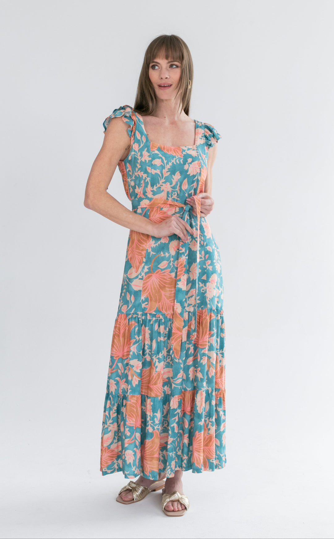 Lola Flutter Sleeve Dress Blue and Pink Flower-DRESSES-kindacollection-Kinda