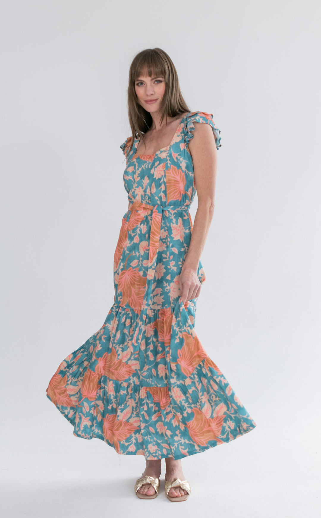 Lola Flutter Sleeve Dress Blue and Pink Flower-DRESSES-kindacollection-Kinda