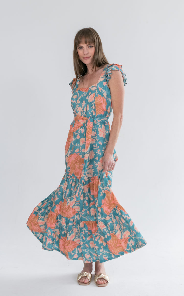 Lola Flutter Sleeve Dress Blue and Pink Flower-DRESSES-kindacollection-Kinda