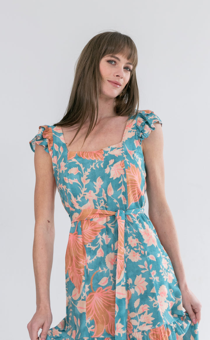Lola Flutter Sleeve Dress Blue and Pink Flower-DRESSES-kindacollection-Kinda