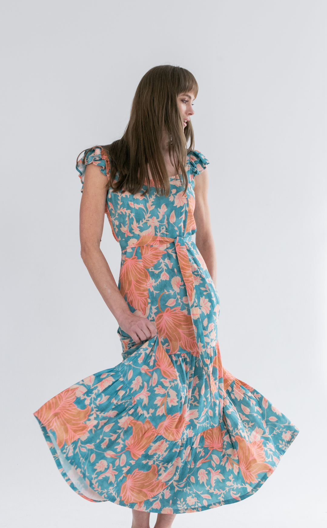 Lola Flutter Sleeve Dress Blue and Pink Flower-DRESSES-kindacollection-Kinda