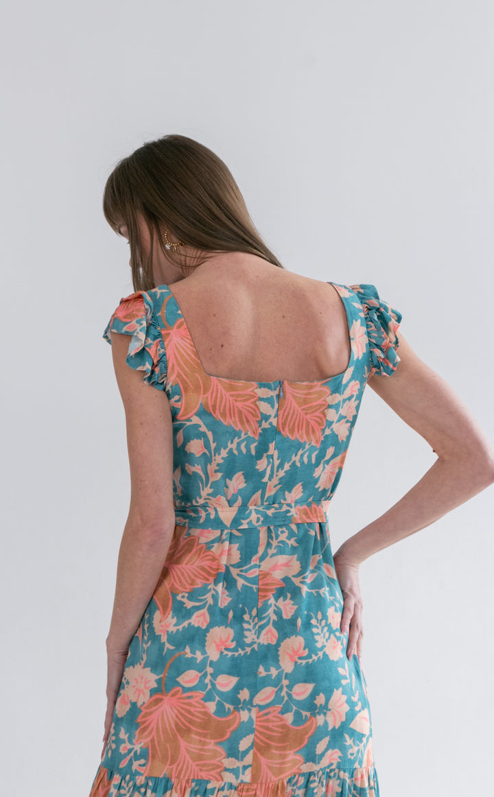Lola Flutter Sleeve Dress Blue and Pink Flower-DRESSES-kindacollection-Kinda