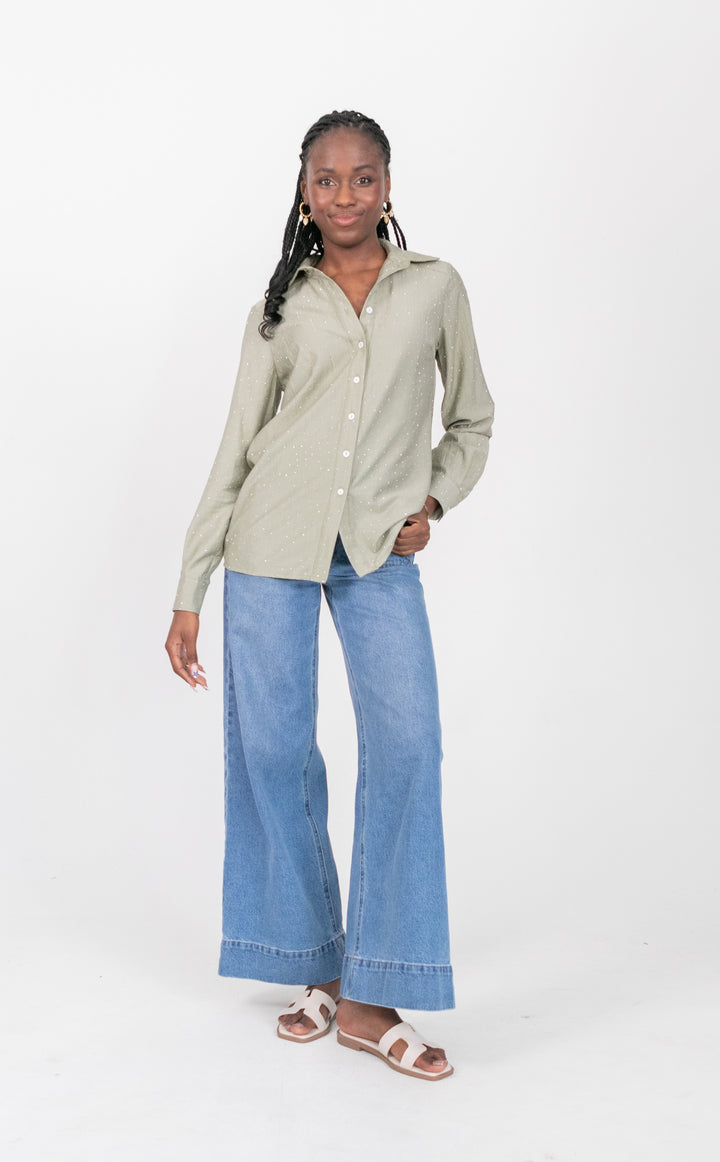 Boyfriend Shirt Sage Diamond-TOPS-kindacollection-Kinda