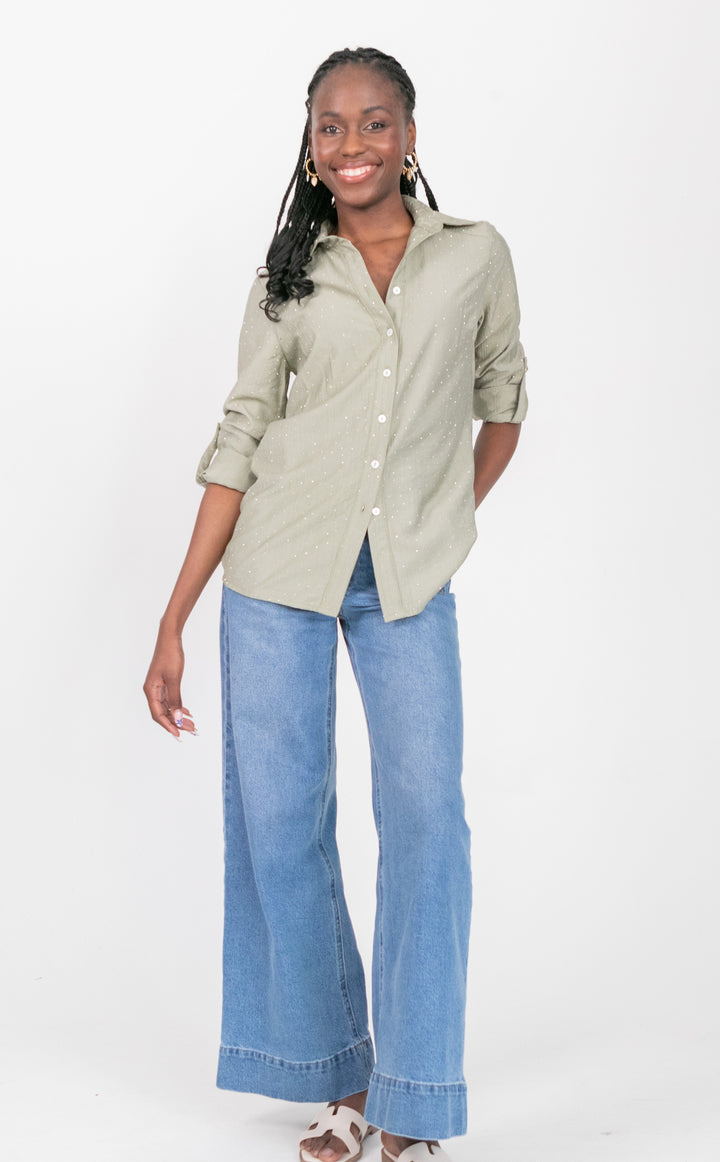Boyfriend Shirt Sage Diamond-TOPS-kindacollection-Kinda
