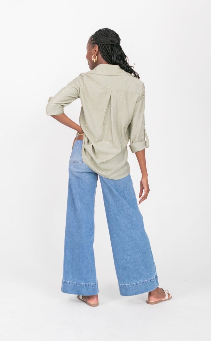 Boyfriend Shirt Sage Diamond-TOPS-kindacollection-Kinda