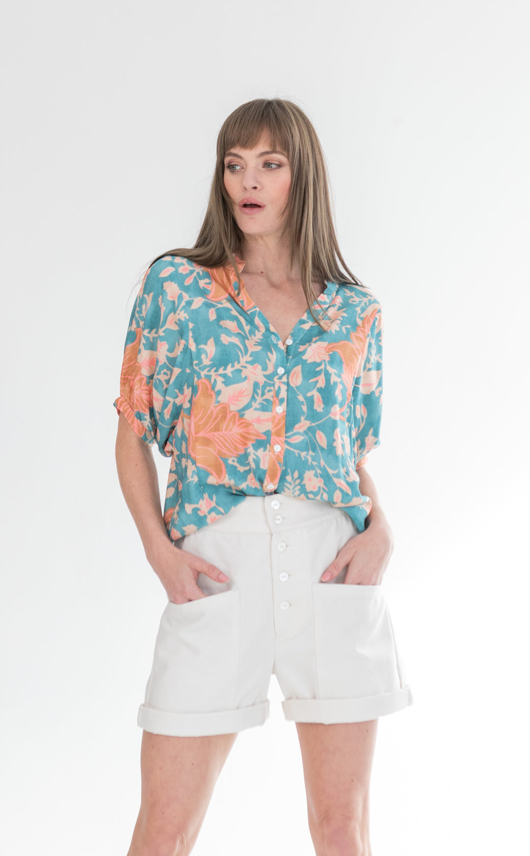Gabi Blouse Blue & Pink Flower-TOPS-kindacollection-Kinda