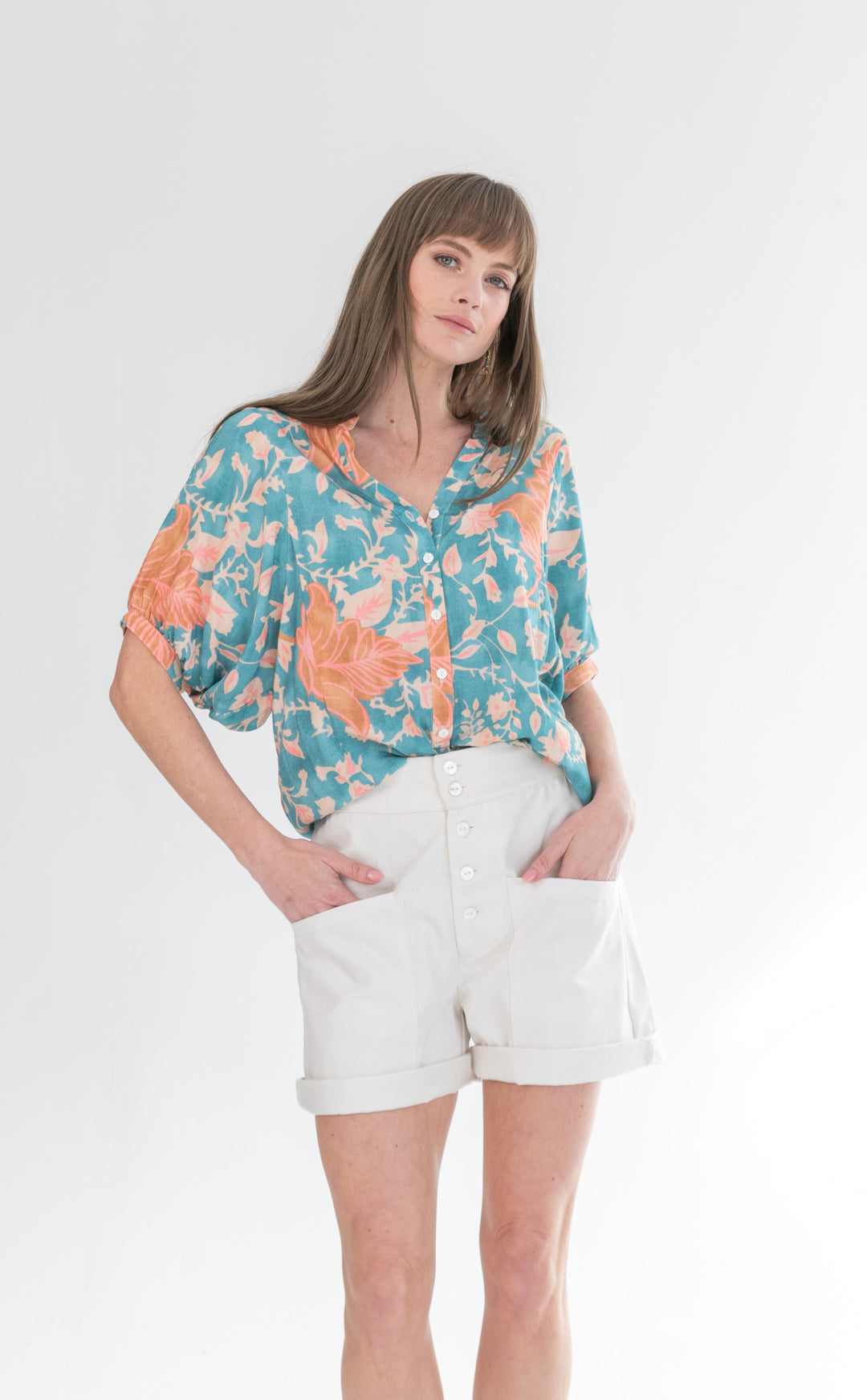 Gabi Blouse Blue & Pink Flower-TOPS-kindacollection-Kinda