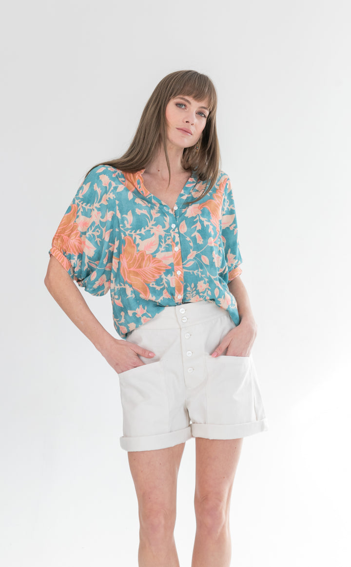 Gabi Blouse Blue & Pink Flower-TOPS-kindacollection-Kinda