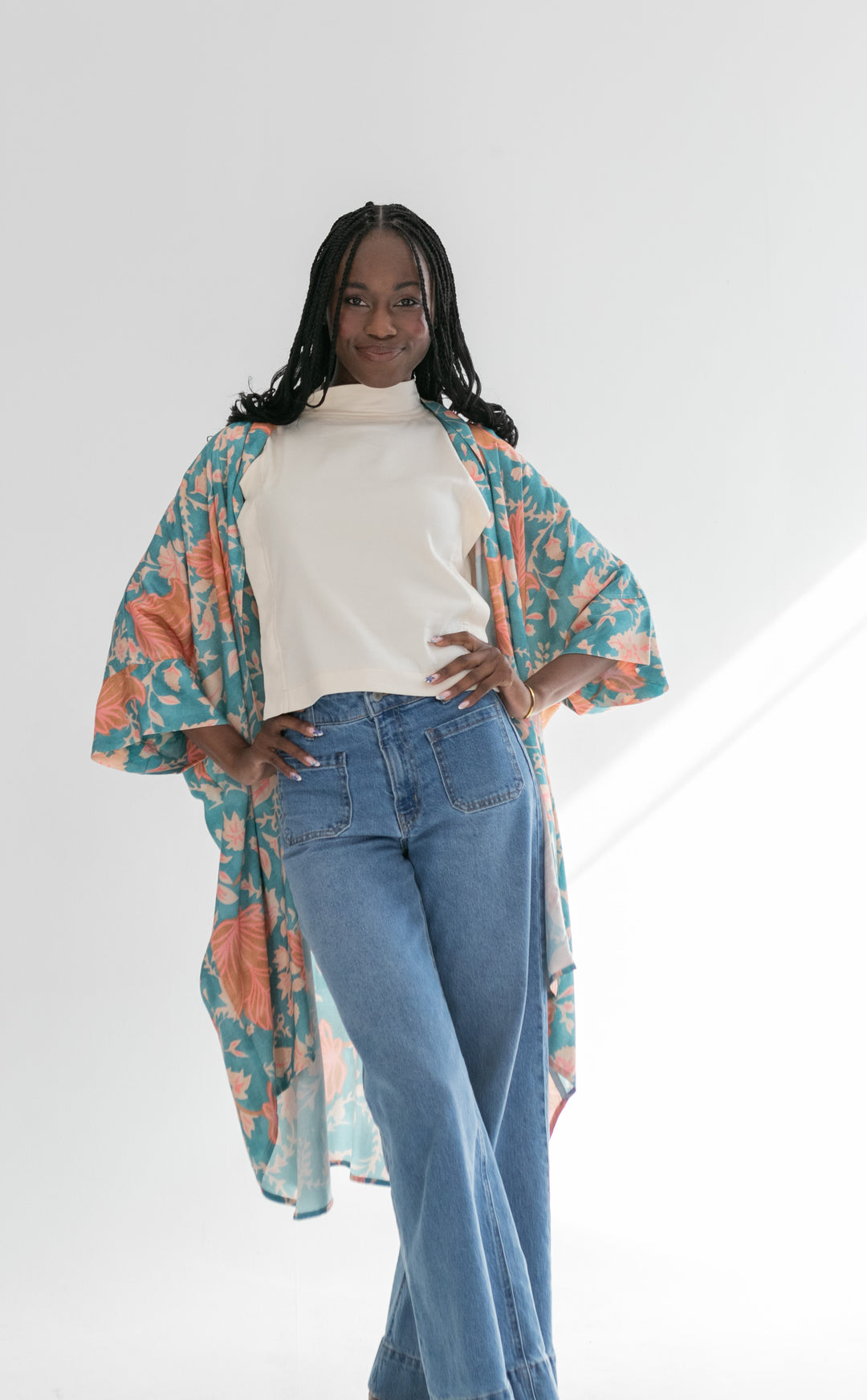 Corfu Kimono Blue & Pink Flower-TOPS-Kinda-Kinda