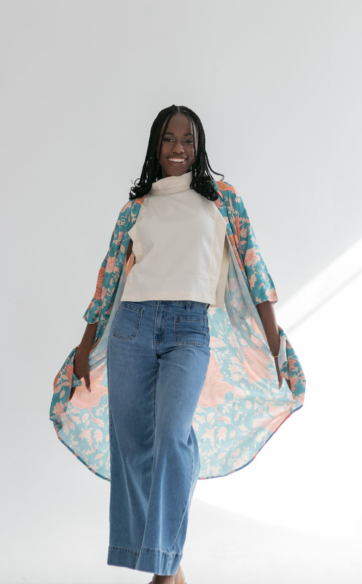 Corfu Kimono Blue & Pink Flower-TOPS-Kinda-Kinda