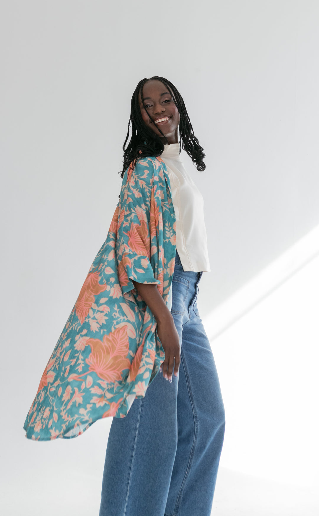 Corfu Kimono Blue & Pink Flower-TOPS-Kinda-Kinda