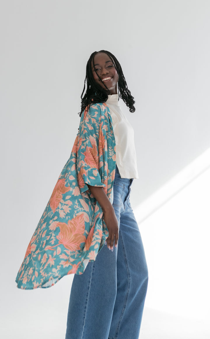 Corfu Kimono Blue & Pink Flower-TOPS-Kinda-Kinda