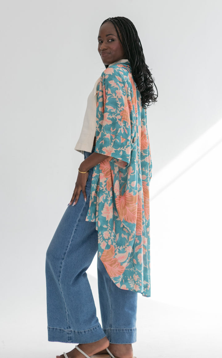 Corfu Kimono Blue & Pink Flower-TOPS-Kinda-Kinda