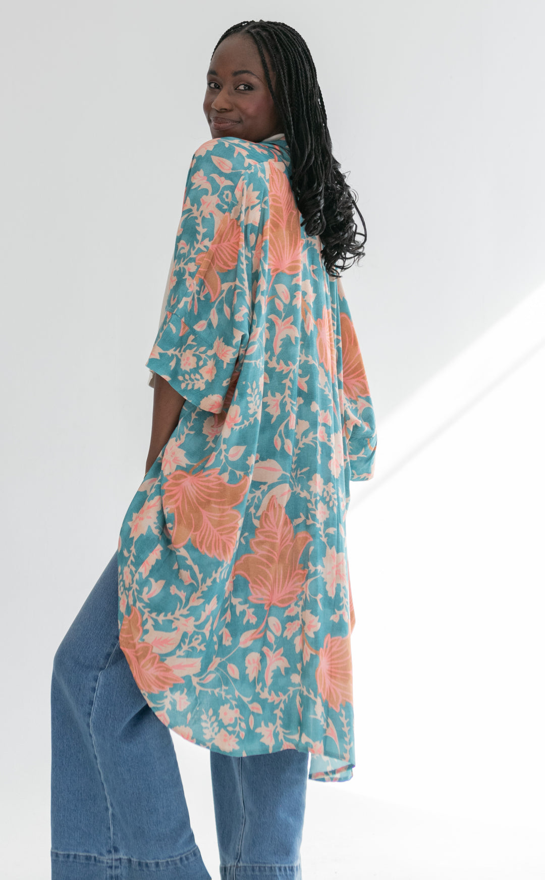 Corfu Kimono Blue & Pink Flower-TOPS-Kinda-Kinda