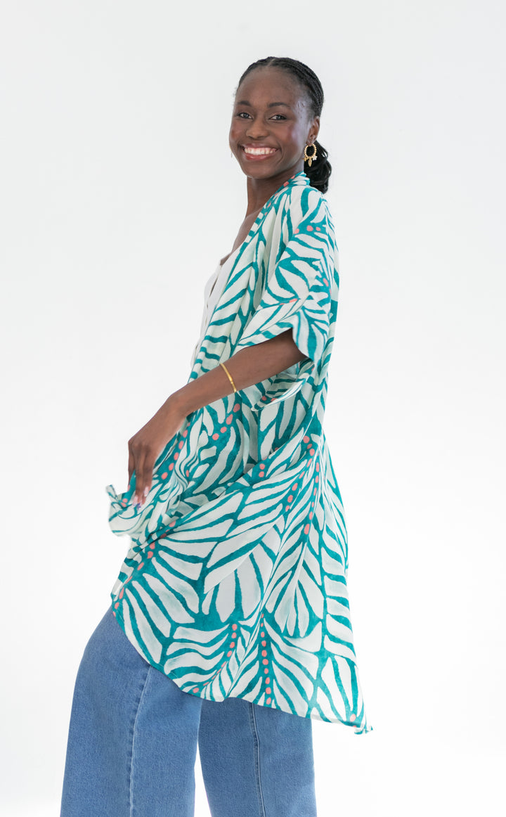 Corfu Kimono Blue & Pink Dot-TOPS-Kinda-Kinda