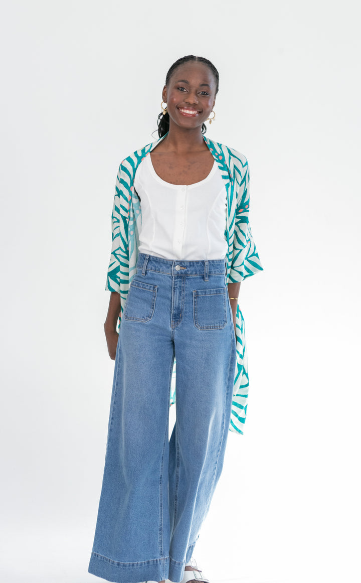 Corfu Kimono Blue & Pink Dot-TOPS-Kinda-Kinda