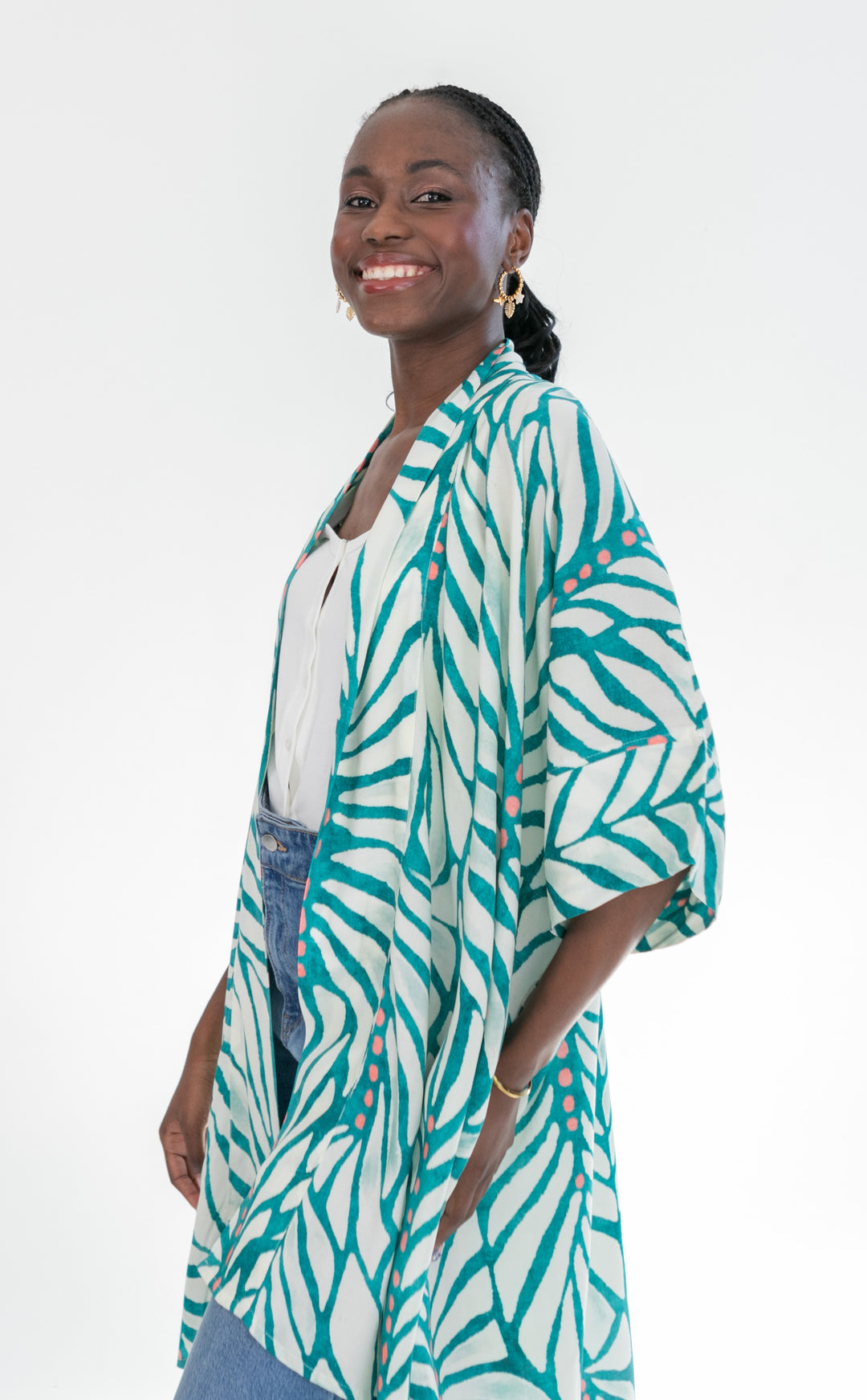 Corfu Kimono Blue & Pink Dot-TOPS-Kinda-Kinda