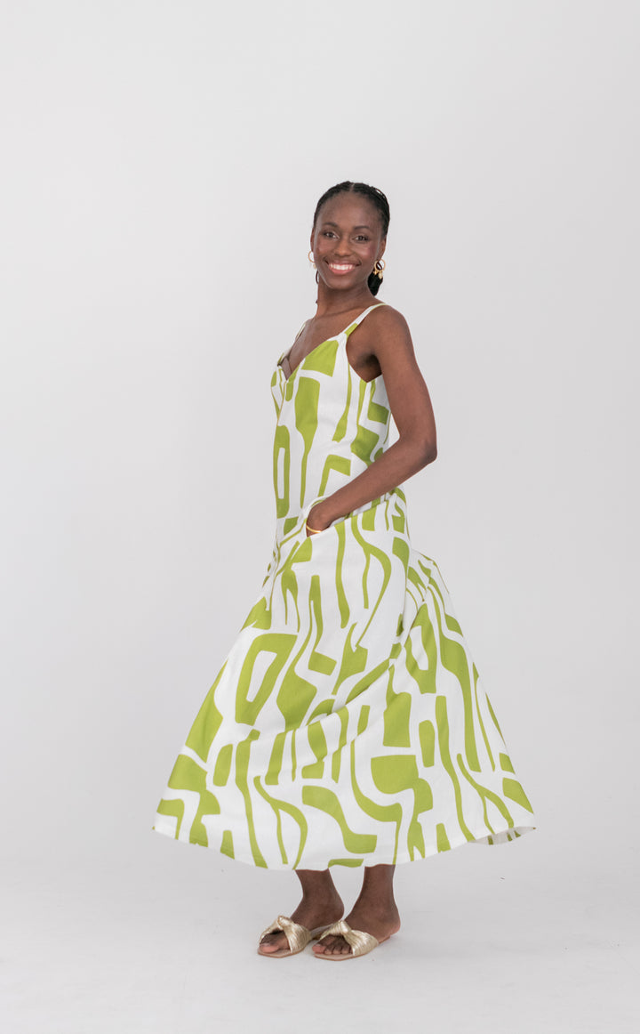 Phoebe Dress Green Geo Print-DRESSES-kindacollection-Kinda
