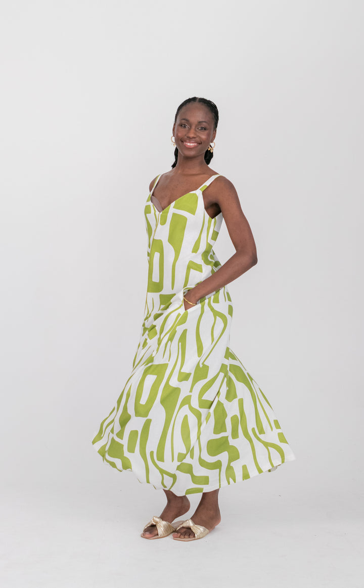 Phoebe Dress Green Geo Print-DRESSES-kindacollection-Kinda