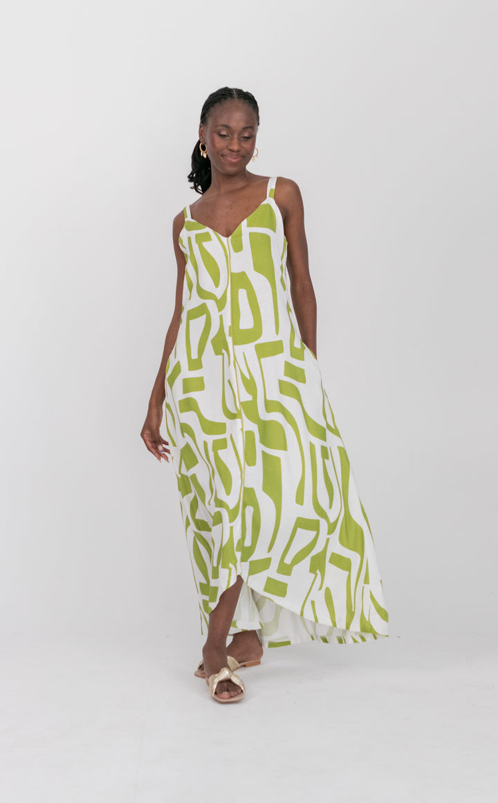 Phoebe Dress Green Geo Print-DRESSES-kindacollection-Kinda
