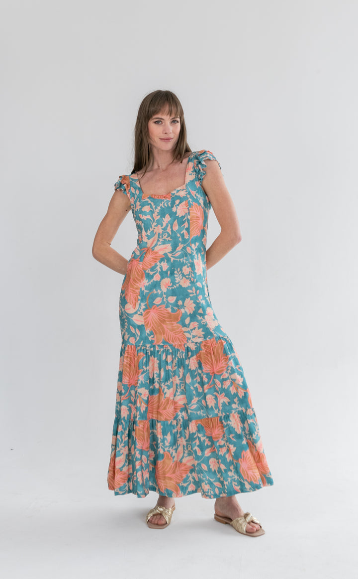 Lola Flutter Sleeve Dress Blue and Pink Flower-DRESSES-kindacollection-Kinda