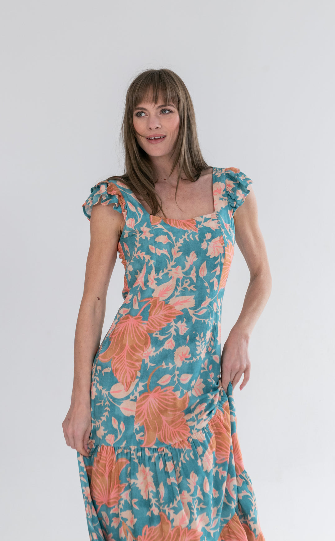 Lola Flutter Sleeve Dress Blue and Pink Flower-DRESSES-kindacollection-Kinda