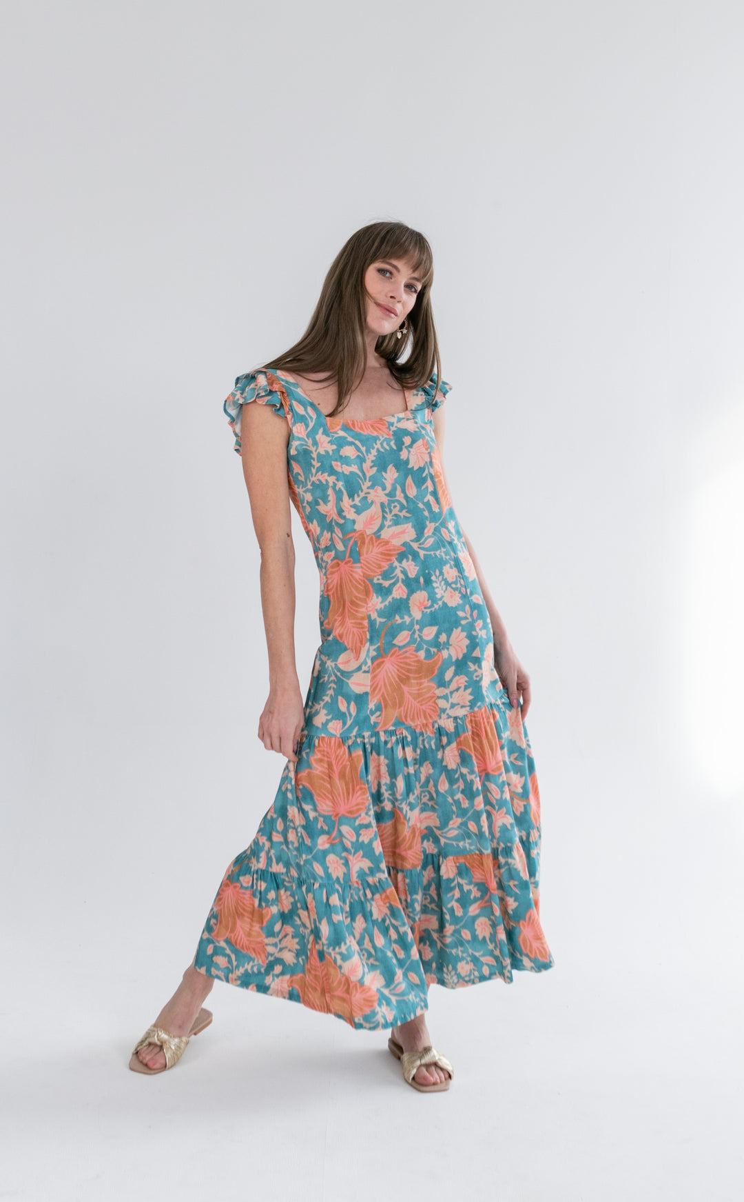 Lola Flutter Sleeve Dress Blue and Pink Flower-DRESSES-kindacollection-Kinda