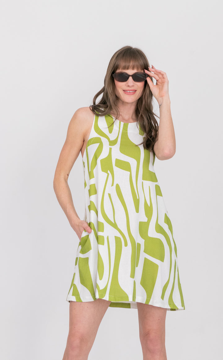 St Tropez Dress Green Geo Print-DRESSES-kindacollection-Kinda