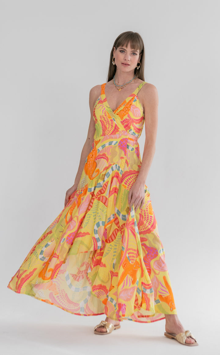 Kea Wrap Dress Lemoncello Print-DRESSES-kindacollection-Kinda