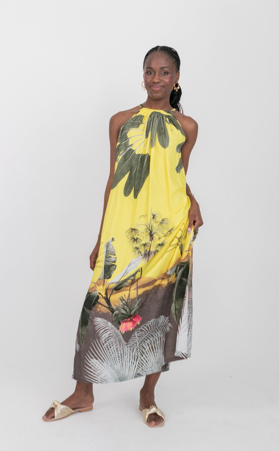 Abi Dress Yellow Palm Print-DRESSES-kindacollection-Kinda