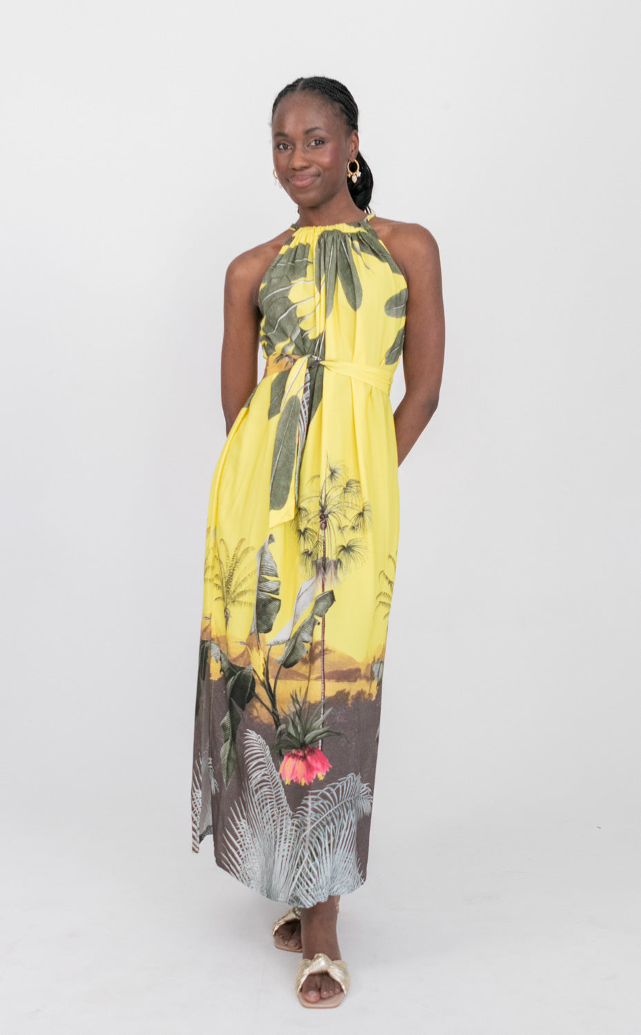 Abi Dress Yellow Palm Print-DRESSES-kindacollection-Kinda