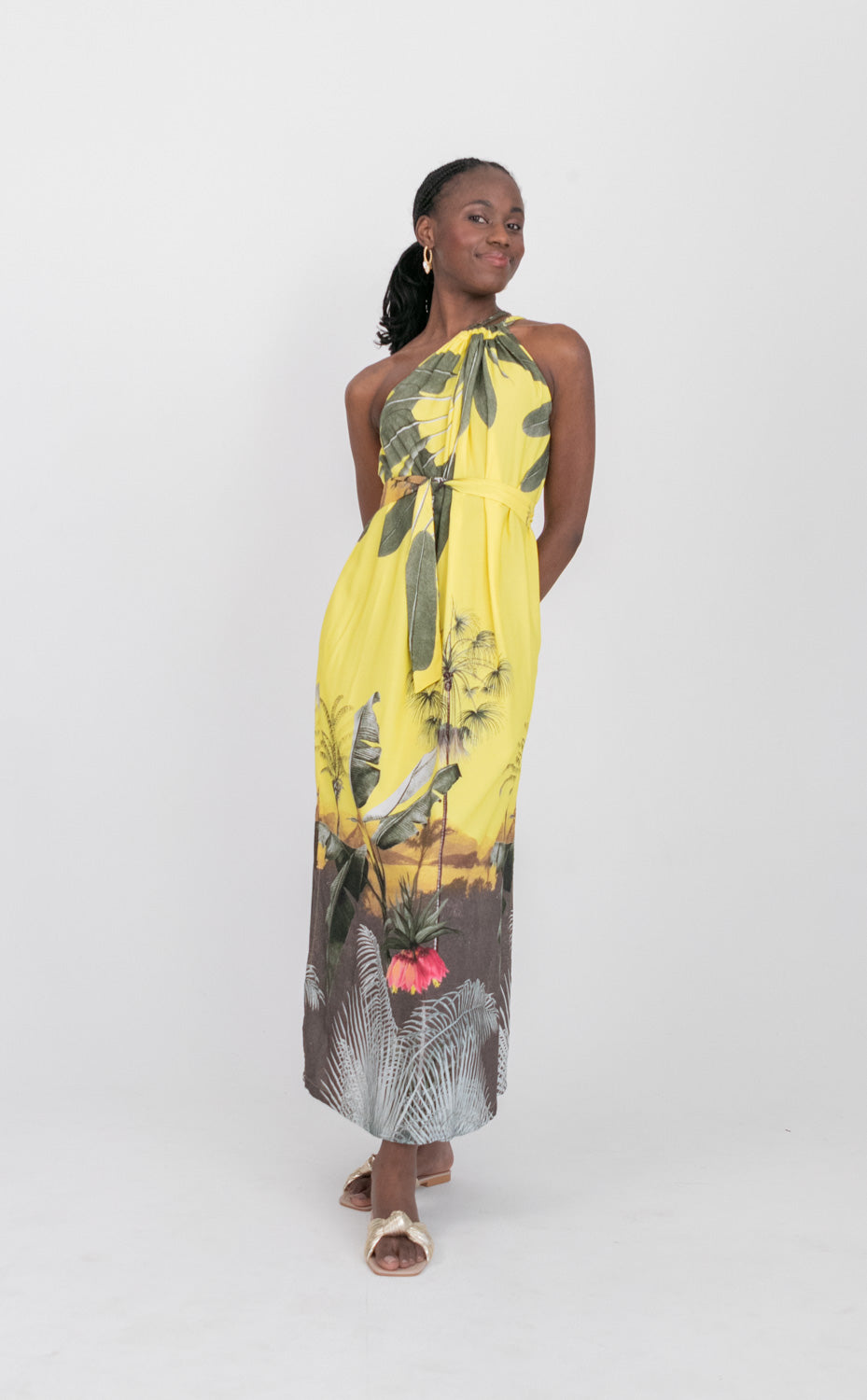 Abi Dress Yellow Palm Print-DRESSES-kindacollection-Kinda