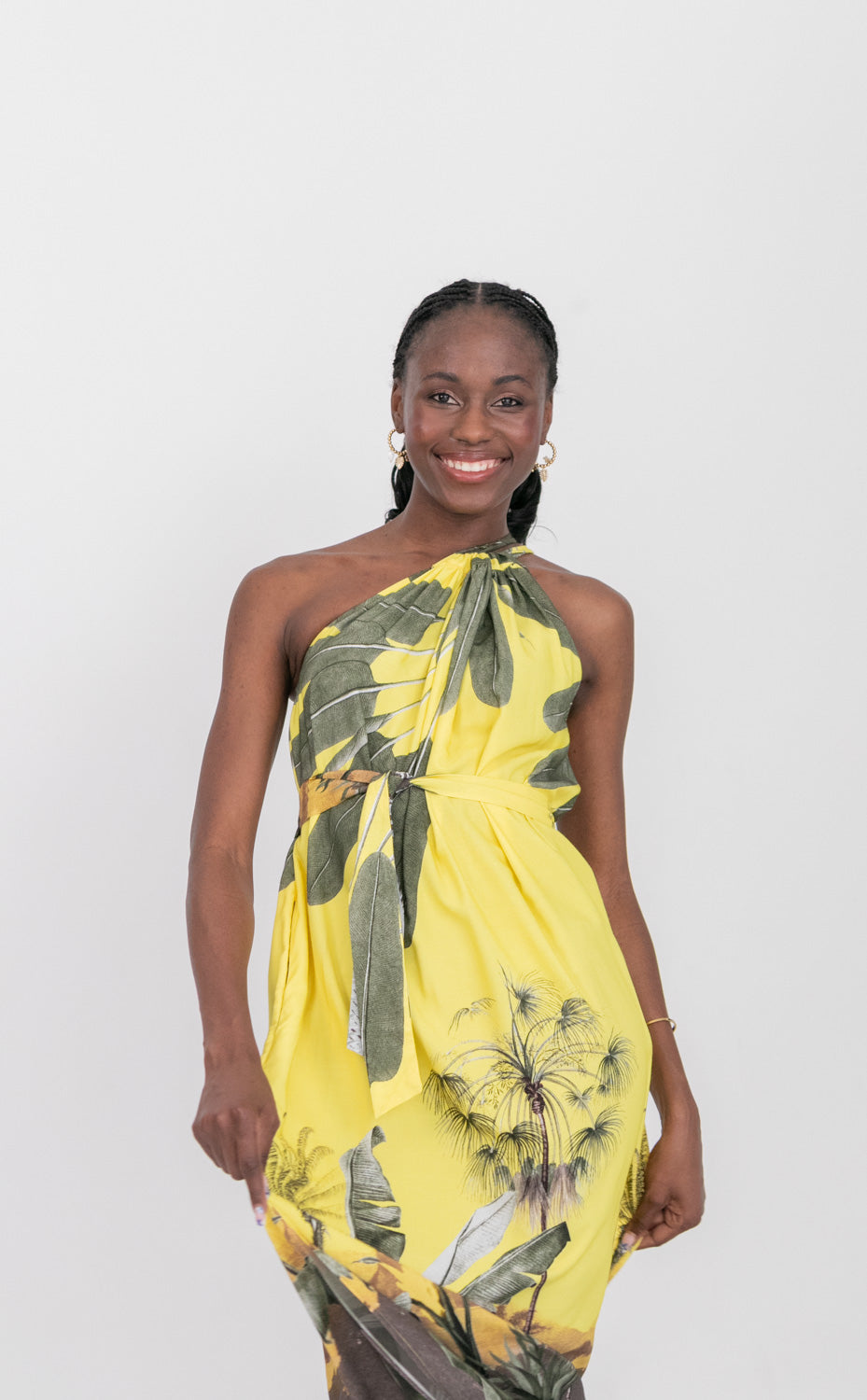 Abi Dress Yellow Palm Print-DRESSES-kindacollection-Kinda