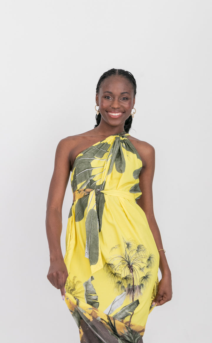 Abi Dress Yellow Palm Print-DRESSES-kindacollection-Kinda