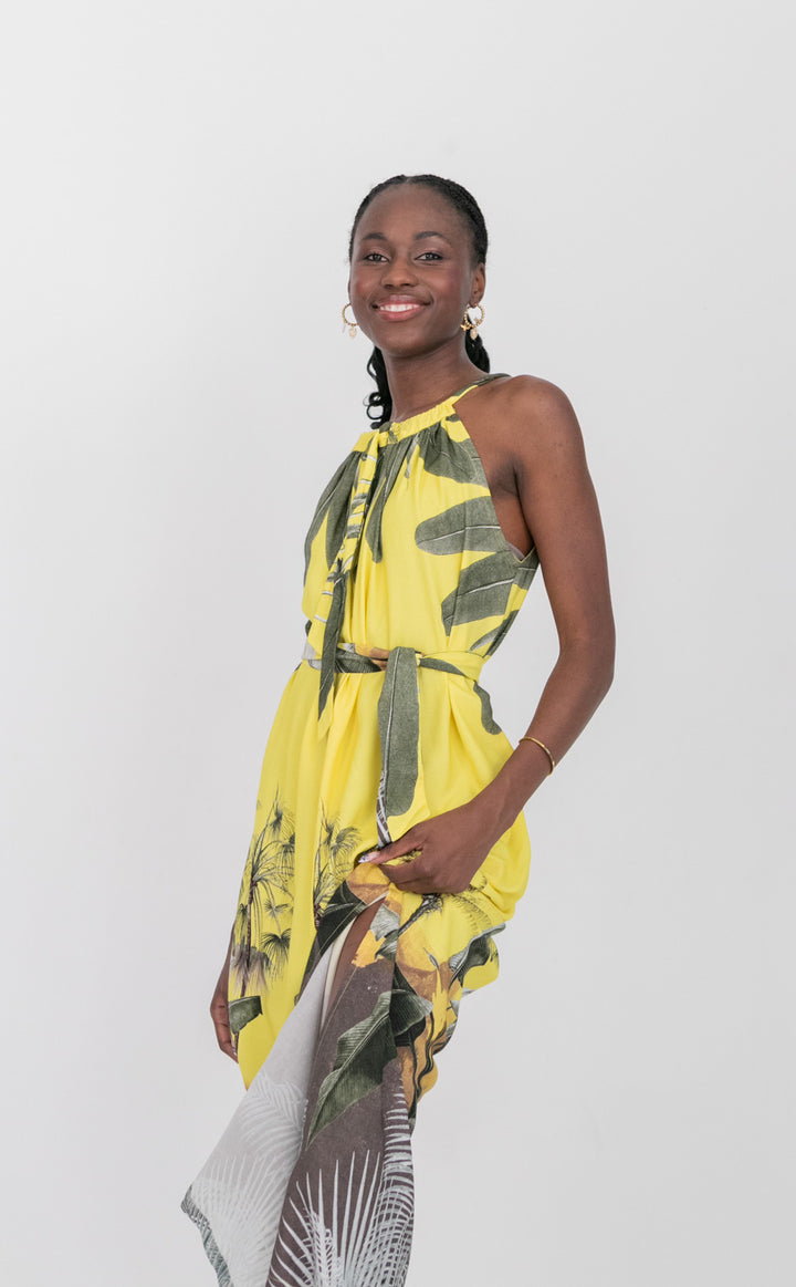 Abi Dress Yellow Palm Print-DRESSES-kindacollection-Kinda