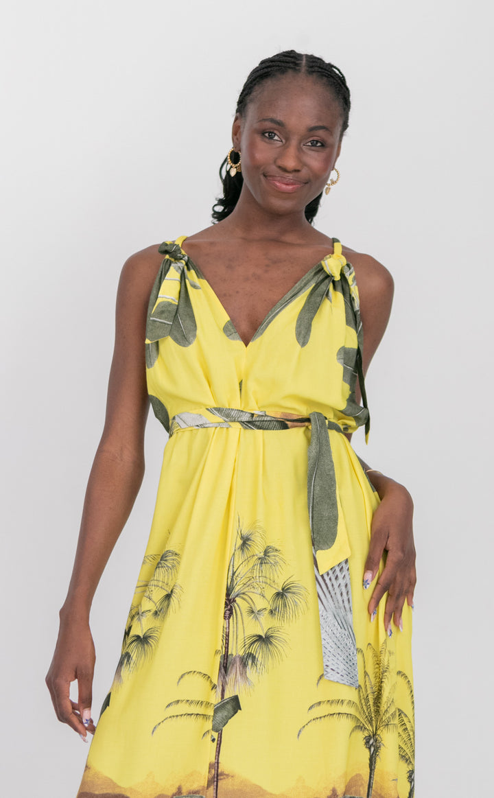 Abi Dress Yellow Palm Print-DRESSES-kindacollection-Kinda